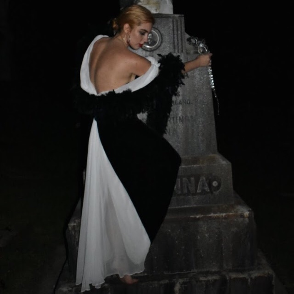 Black and white velvet dress